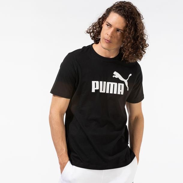 Puma ESS Logo Erkek Siyah Bisiklet Yaka T-Shirt