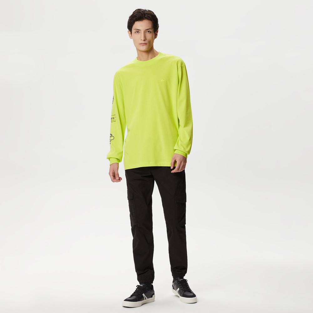 Lacoste Erkek Relaxed Fit Uzun Kollu Bisiklet Yaka Baskılı Sarı T-Shirt