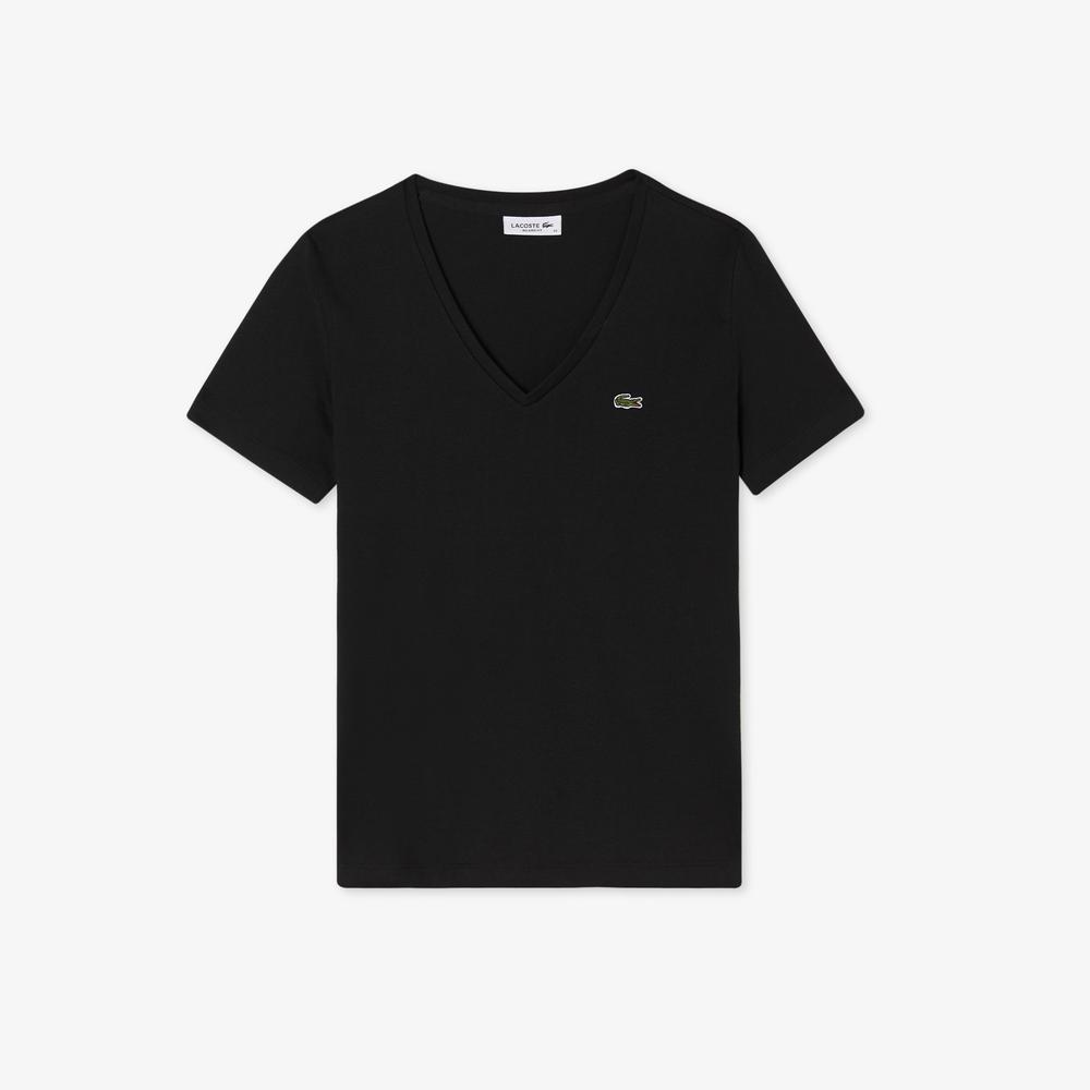 Lacoste Kadın Loose Fit V Yaka Siyah T-Shirt