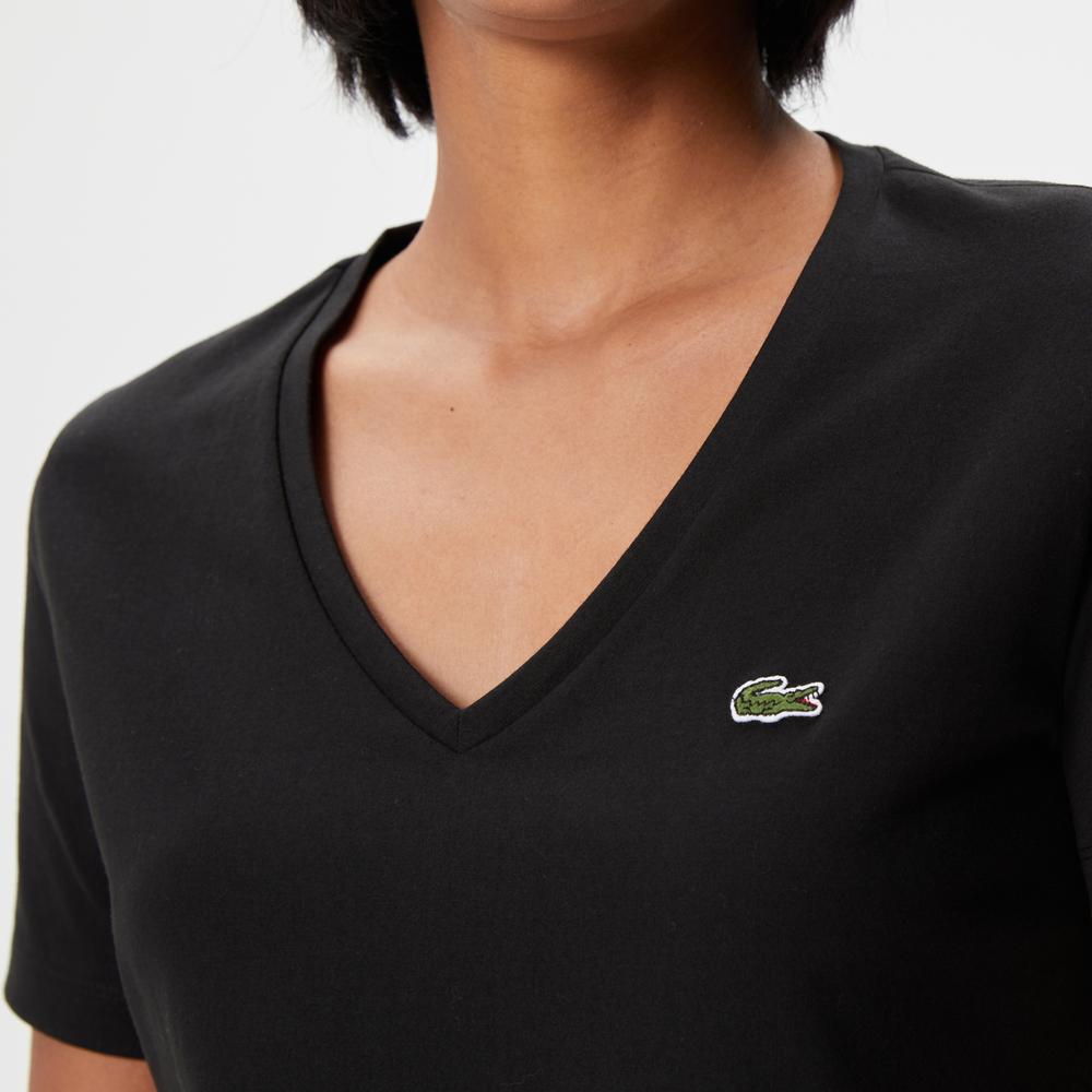 Lacoste Kadın Loose Fit V Yaka Siyah T-Shirt