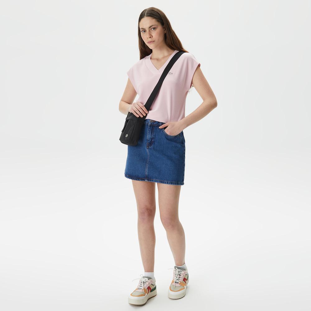 Lacoste Kadın Slim Fit V Yaka Açık Pembe T-Shirt