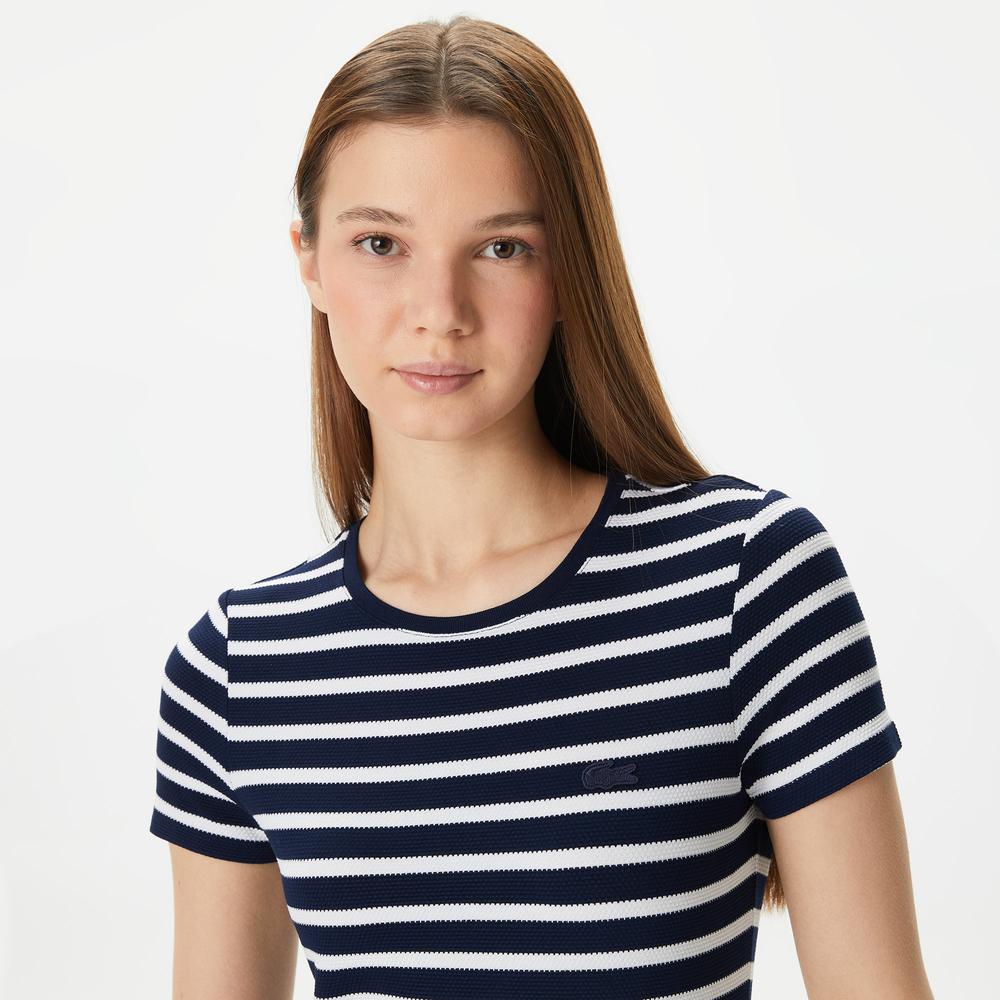 Lacoste Kadın Slim Fit Bisiklet Yaka Çizgili Lacivert T-Shirt