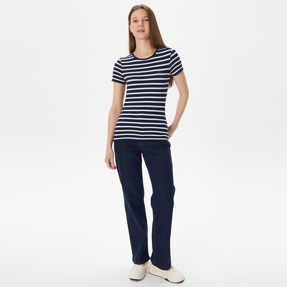 Lacoste Kadın Slim Fit Bisiklet Yaka Çizgili Lacivert T-Shirt