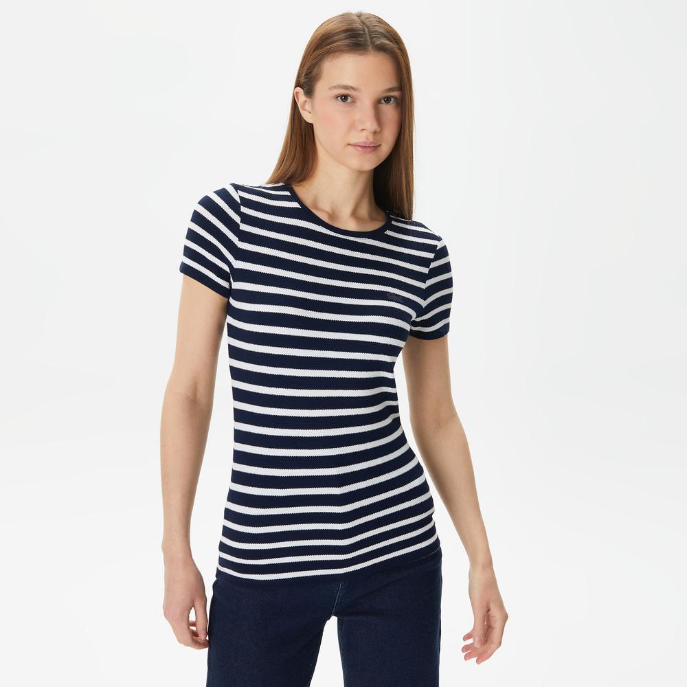 Lacoste Kadın Slim Fit Bisiklet Yaka Çizgili Lacivert T-Shirt